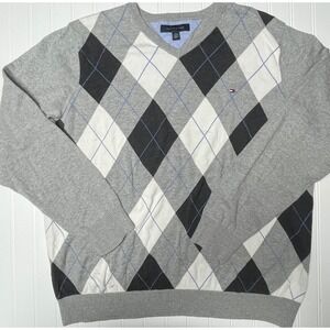 Tommy Hilfiger Gray Argyle Preppy V Neck Sweater Mens XXL